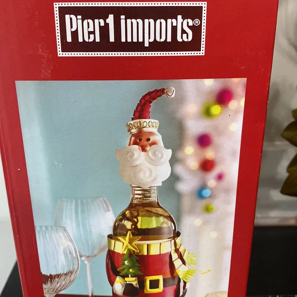 New Pier 1 Metal Santa Wine Bottle Holder Caddy Figurine Holding Tree